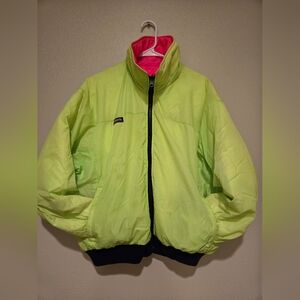 VINTAGE COLUMBIA Down Puffer Jacket Reversible Neon Pink/Green Men's Large RETRO